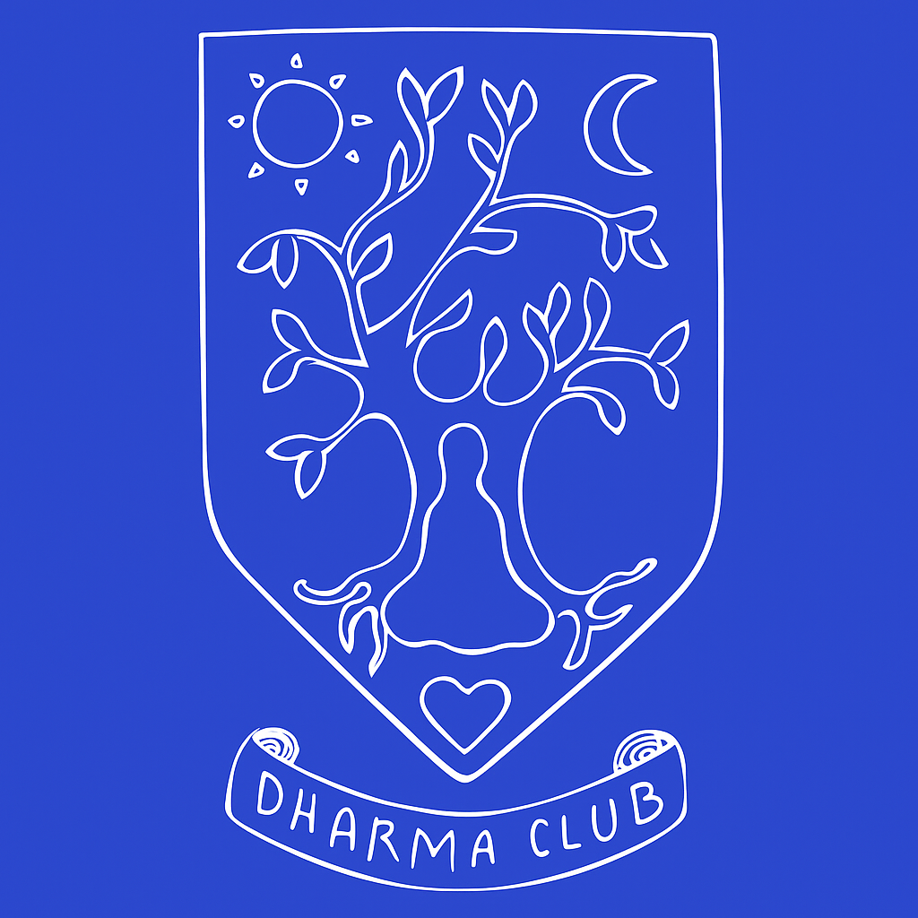 Dharma Club logo, white on Savoy blue. Person sitting under tree with sun & moon above, a heart beneath, words 'Dharma Club' unfured on scroll below. In style of classic football badge
