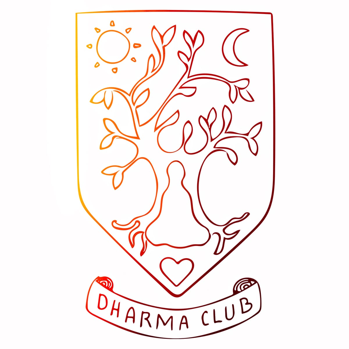 Dharma Club logo, illuminated. Person sitting under tree with sun & moon above, a heart beneath, words 'Dharma Club' unfured on scroll below. In style of classic football (soccer) badge