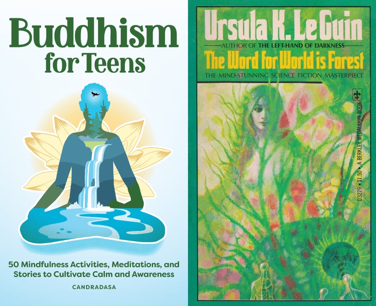 Cover of Buddhism for Teens with figure seated in meditation: lotus behind and nature scene within, waterfall, trees and bird. Beside cover for Ursula LeGuin's The Word for World Is Forest