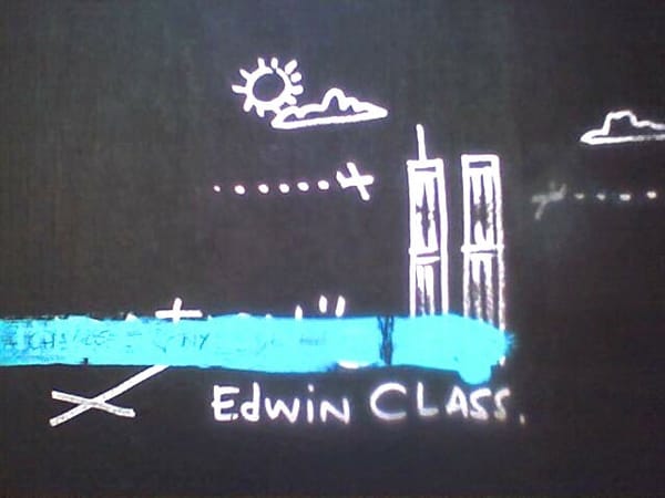 Graffiti image by a visitor to the World Trade Center site, showing a plane approaching the two towers under a sky with sun and clouds, signed "Edwin CLASS"